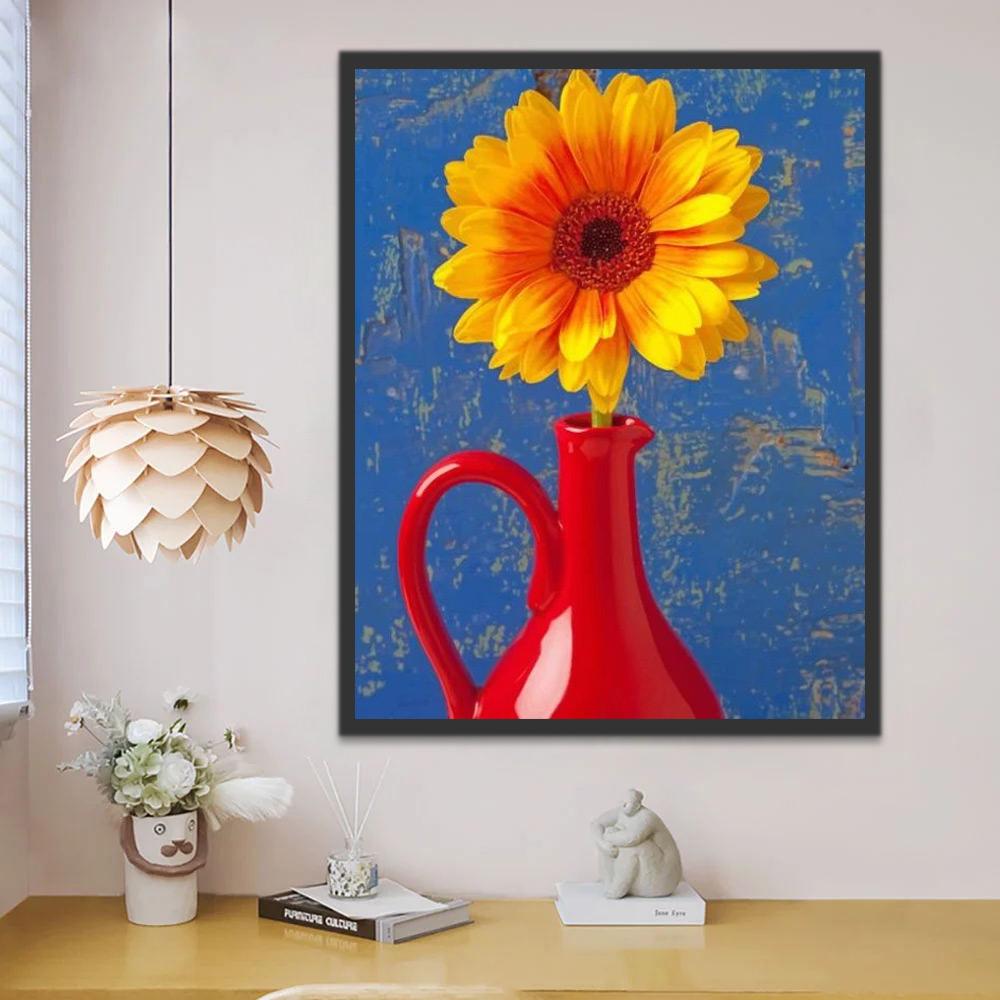 Girasol en Florero Rojo con el Fondo Azul Pintar por Números