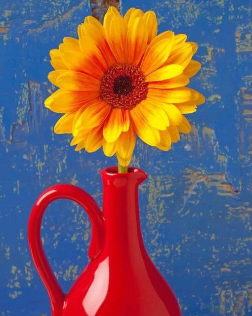 Girasol en Florero Rojo con el Fondo Azul Pintar por Números