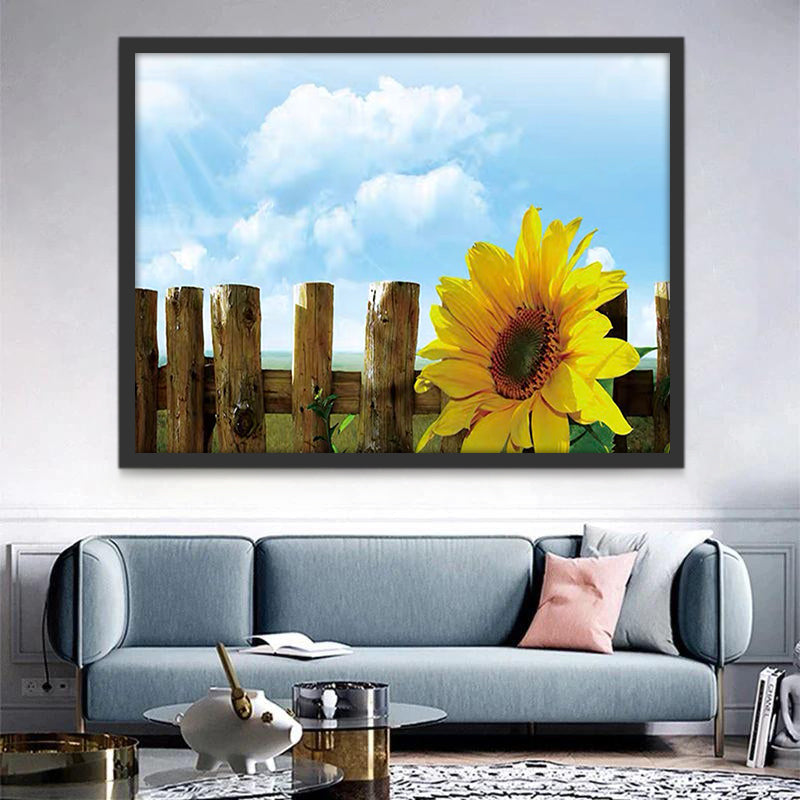 Girasol y Empalizada y Cielo Azul con Nubes Blancas Pintar por Números