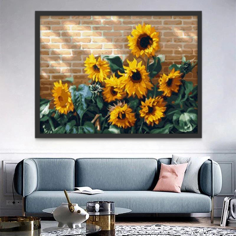 Girasoles al Sol Junto con Pared de Ladrillos Pintar por Números