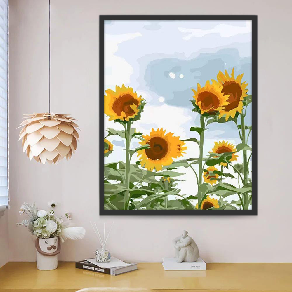 Girasoles Altos con Fondo Azul y Blanco Pintar por Números