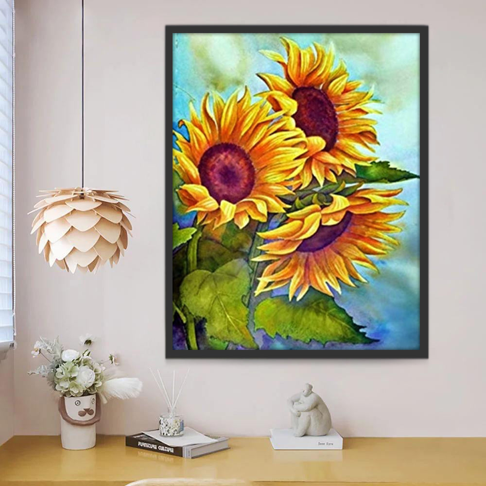 Girasoles con Fondo Azul de Acuarela Pintar por Números