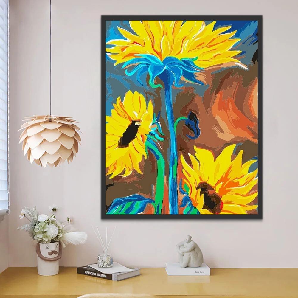 Girasoles de Tallos Azules con Fondo Colorido Pintar por Números