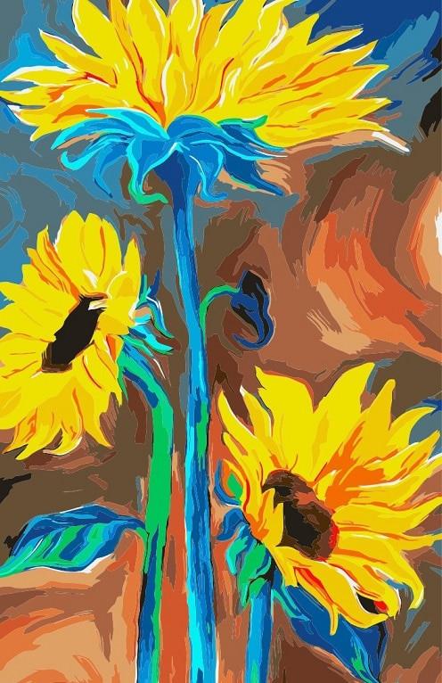 Girasoles de Tallos Azules con Fondo Colorido Pintar por Números