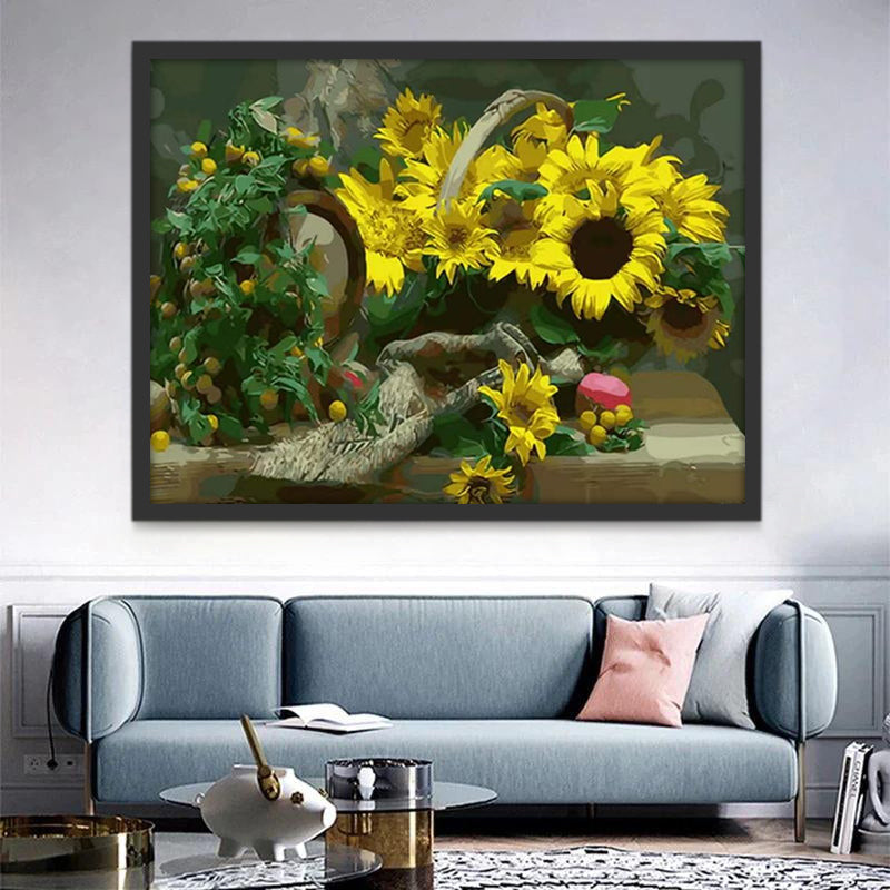 Girasoles en Cesta y Frutos Amarillos sobre Mesa Pintar por Números