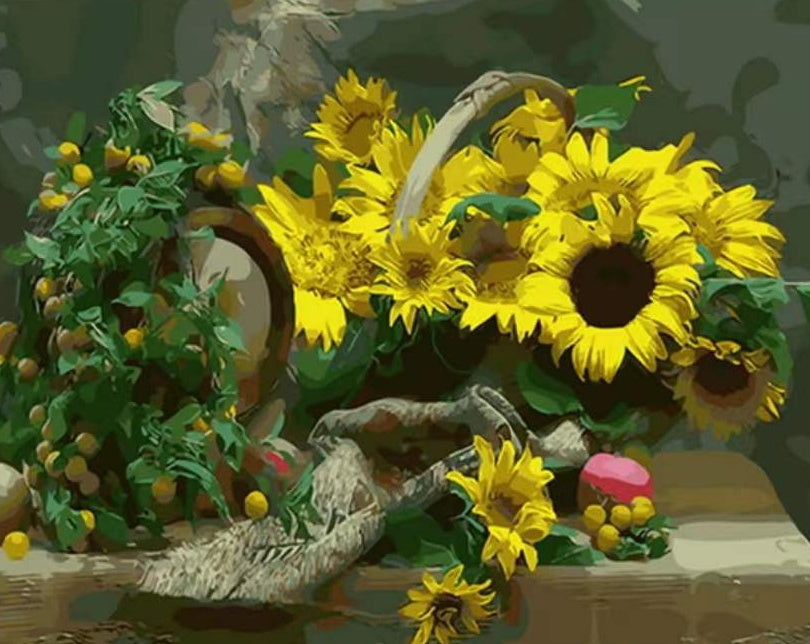 Girasoles en Cesta y Frutos Amarillos sobre Mesa Pintar por Números