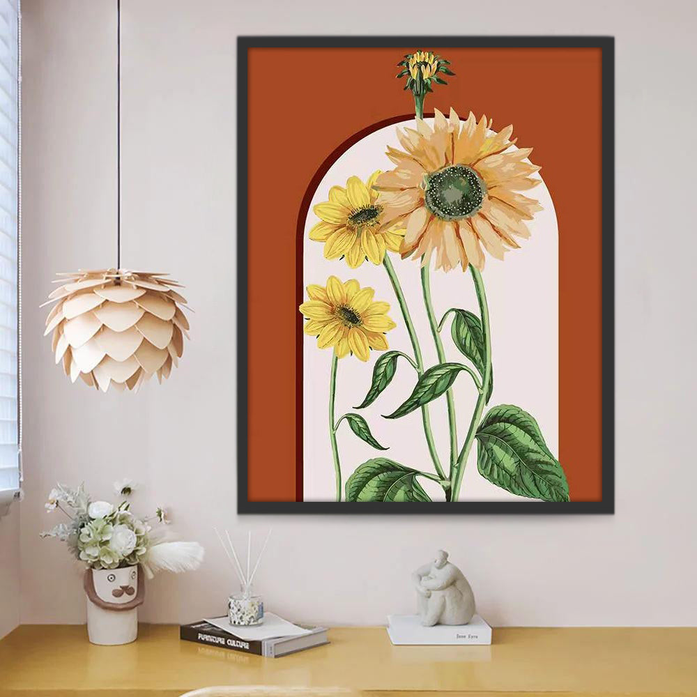 Girasoles en el Fondo Marrón con Marco Arqueado Pintar por Números
