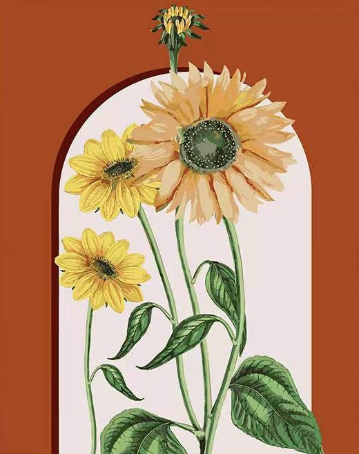 Girasoles en el Fondo Marrón con Marco Arqueado Pintar por Números