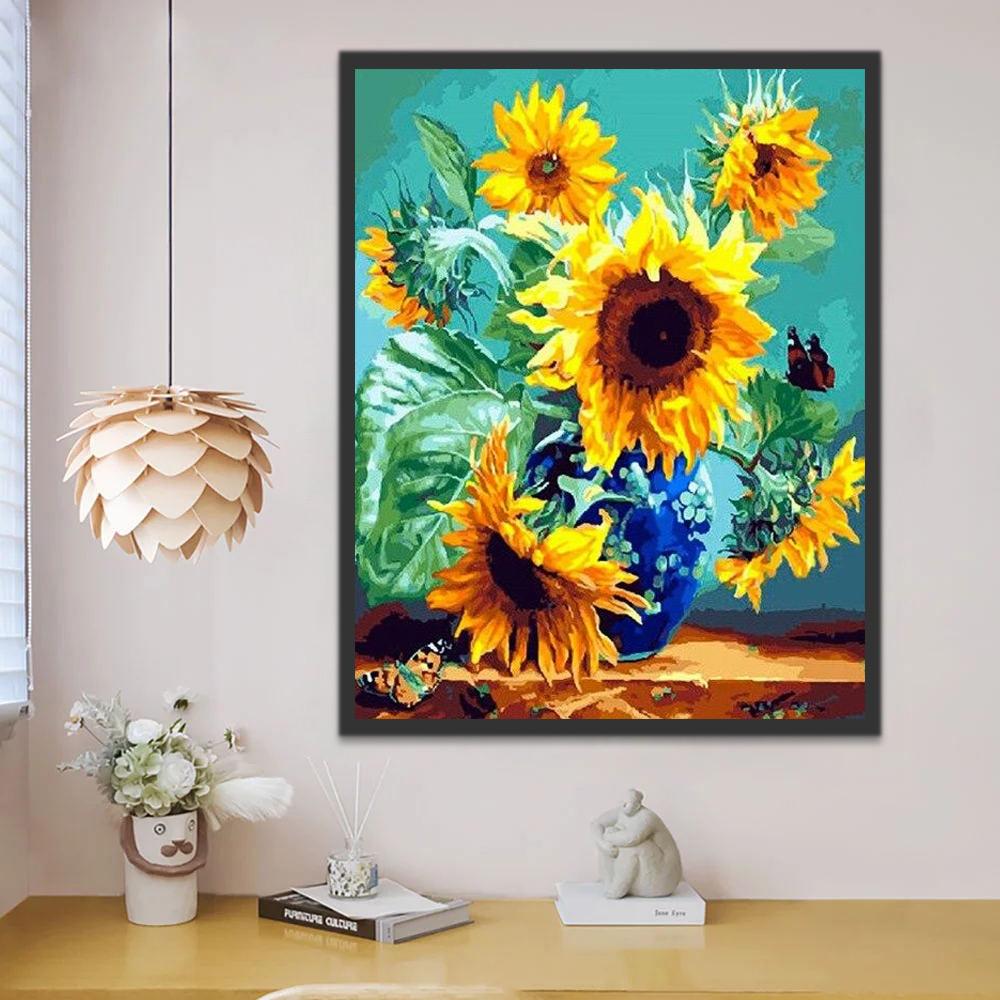 Girasoles en Florero Azul con Fondo Verde Pintar por Números