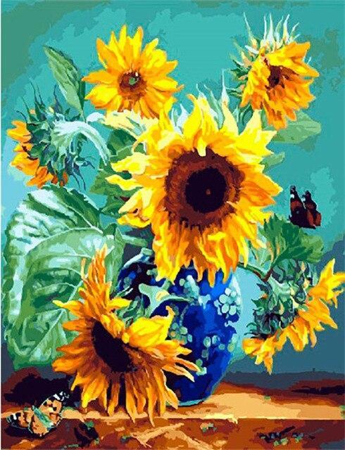 Girasoles en Florero Azul con Fondo Verde Pintar por Números