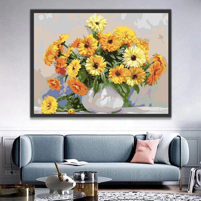 Girasoles en Florero Blanco con Fondo Claro Pintar por Números