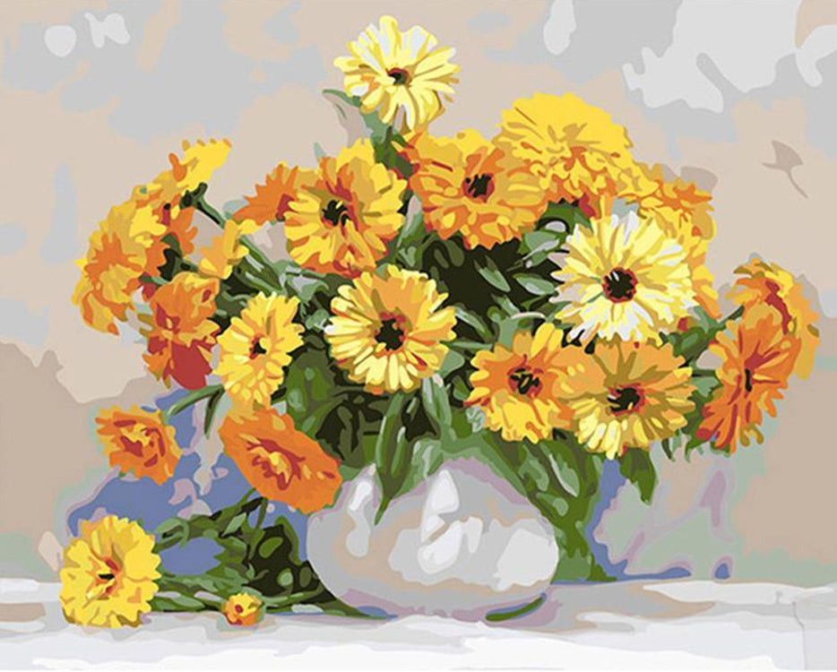 Girasoles en Florero Blanco con Fondo Claro Pintar por Números