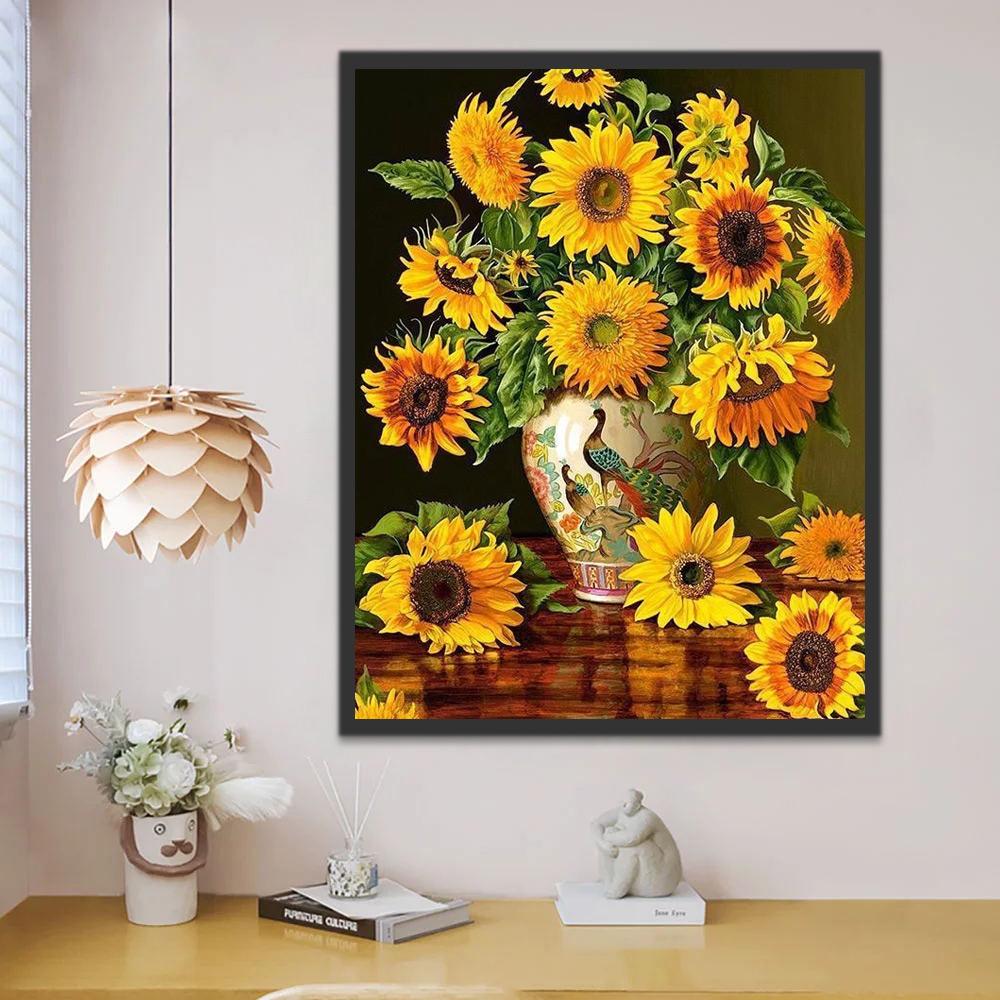 Girasoles en Florero Chino de Porcelana Pintar por Números