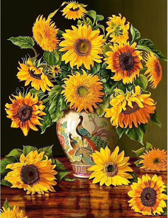 Girasoles en Florero Chino de Porcelana Pintar por Números