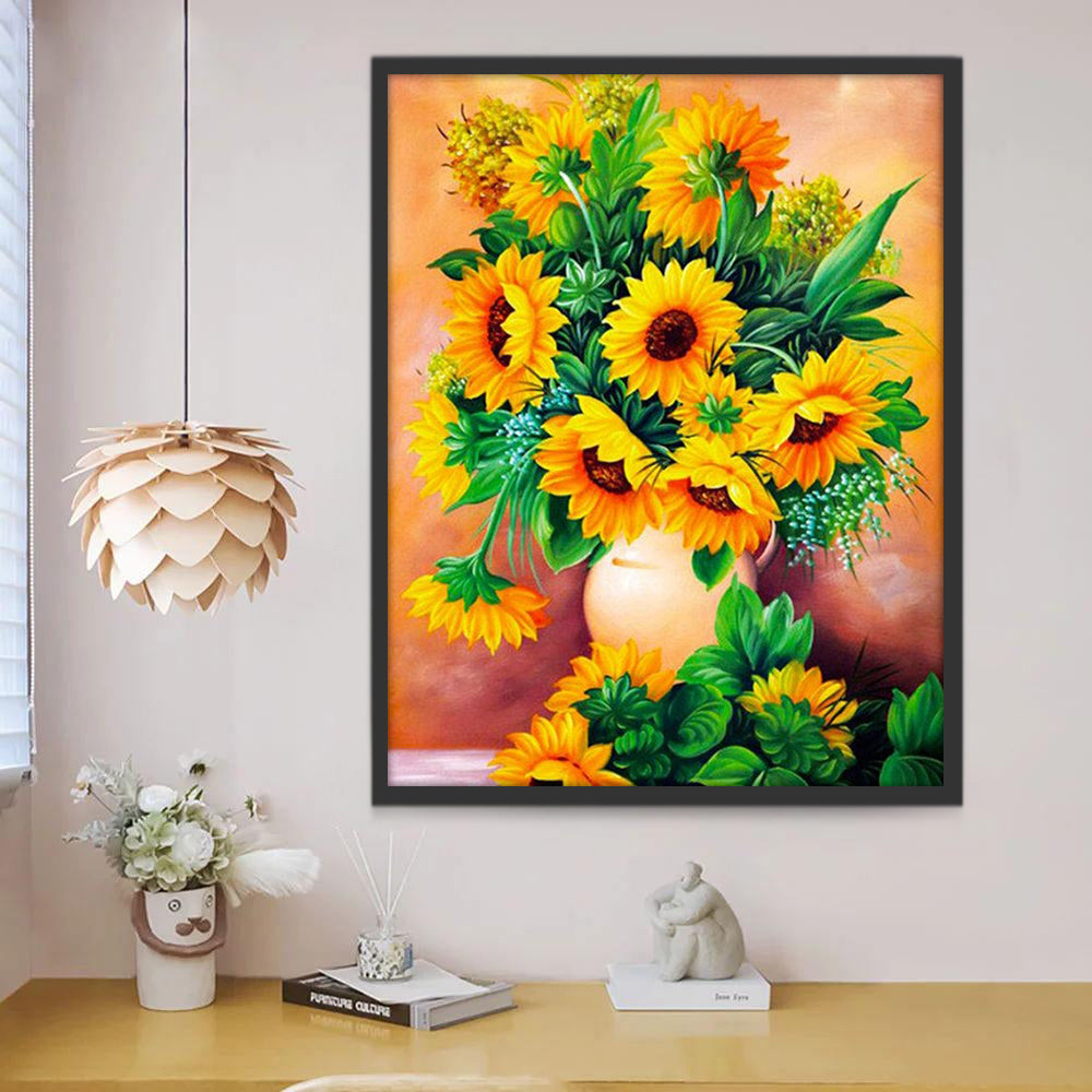 Girasoles en Florero con Fondo Anaranjado Pintar por Números