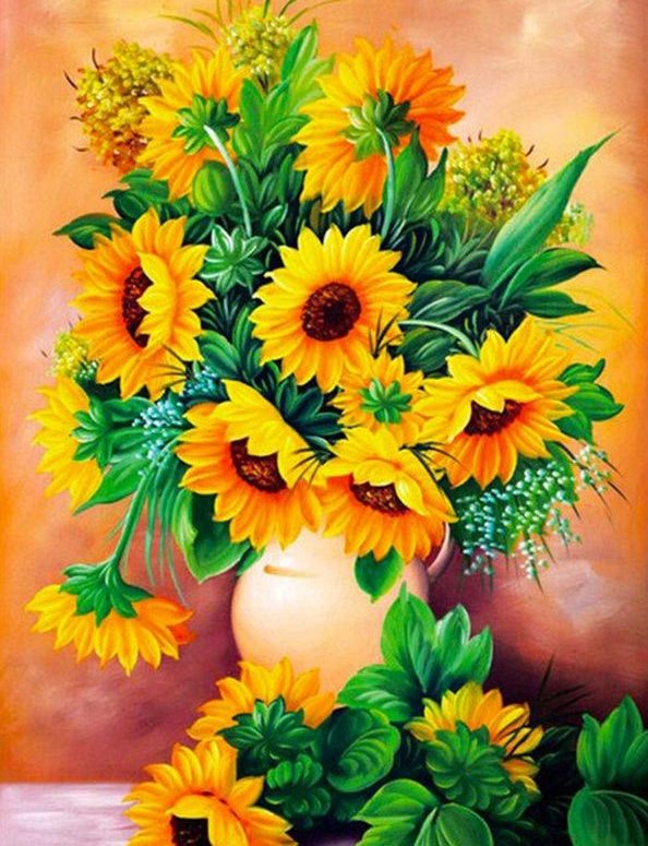Girasoles en Florero con Fondo Anaranjado Pintar por Números