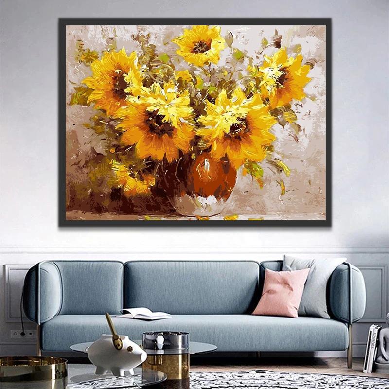 Girasoles en Florero con Fondo Claro Pintar por Números