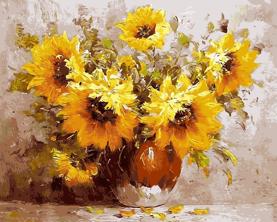 Girasoles en Florero con Fondo Claro Pintar por Números