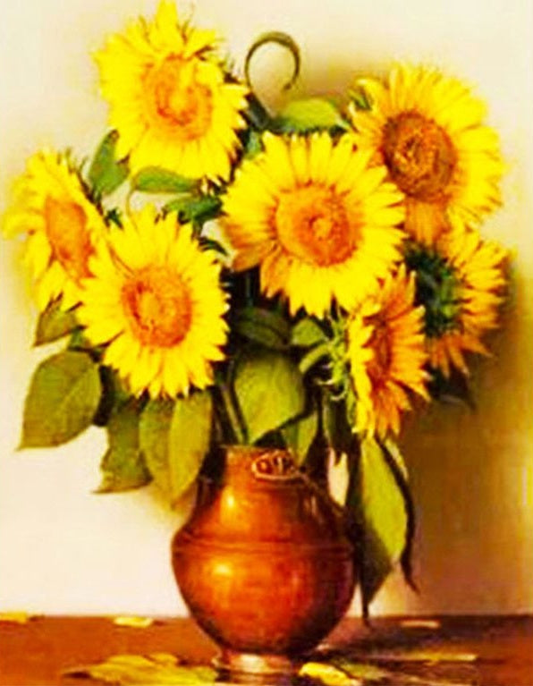Girasoles en Florero de Color Rojo Oscuro Pintar por Números