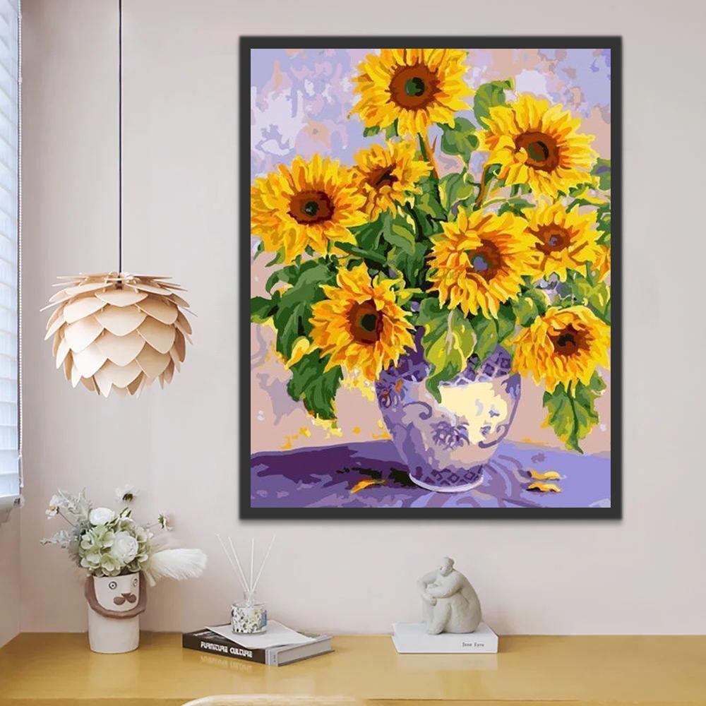 Girasoles en Florero Morado de Porcelana Pintar por Números