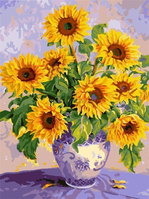 Girasoles en Florero Morado de Porcelana Pintar por Números