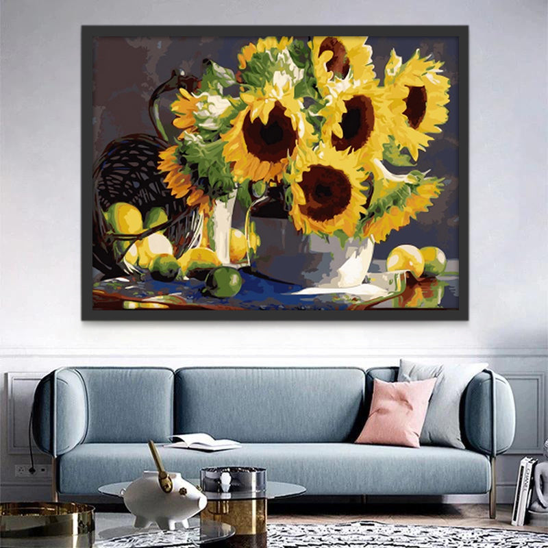 Girasoles en Florero y Frutas en Cesta Caída Pintar por Números