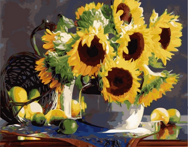Girasoles en Florero y Frutas en Cesta Caída Pintar por Números