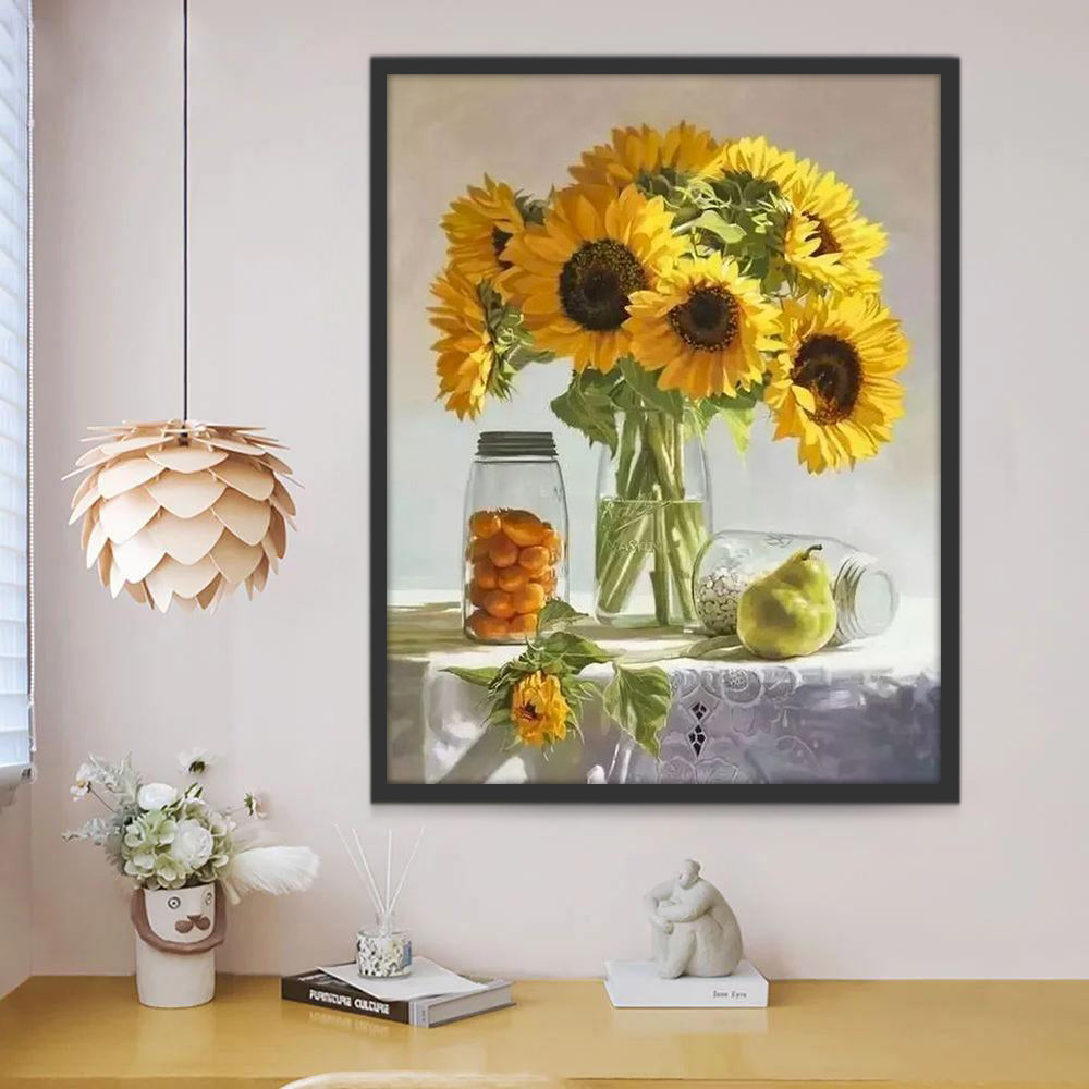 Girasoles en Jarrón con Frutas y Botella Pintar por Números