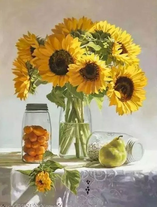 Girasoles en Jarrón con Frutas y Botella Pintar por Números
