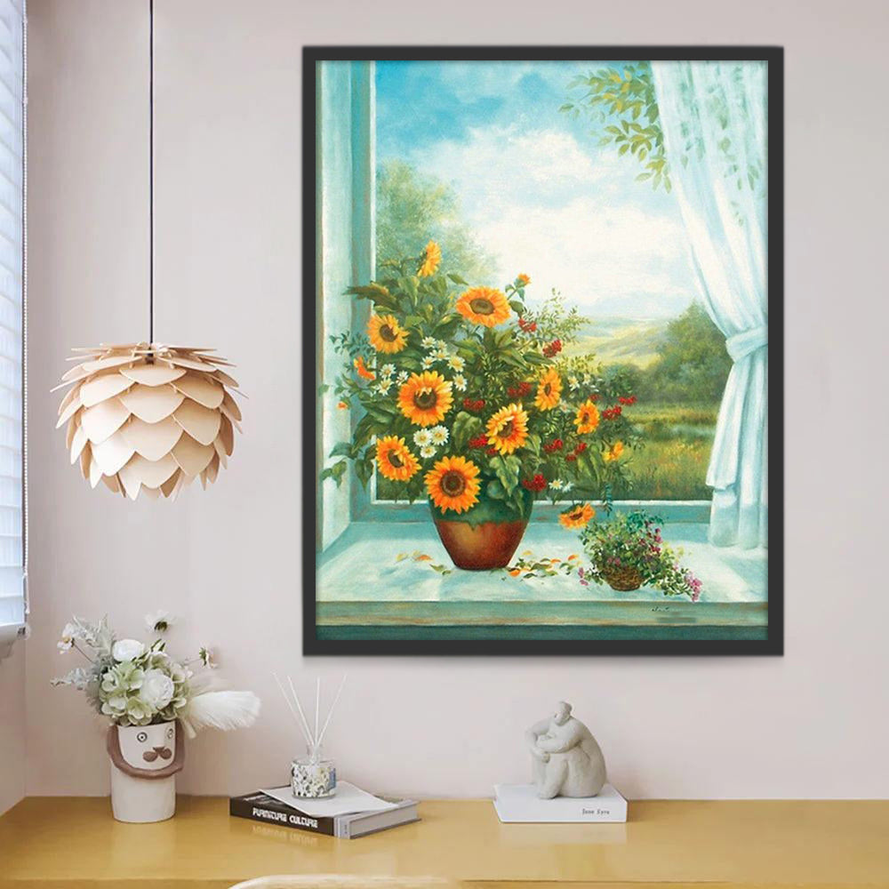 Girasoles en Maceta y Paisaje Natural Pintar por Números