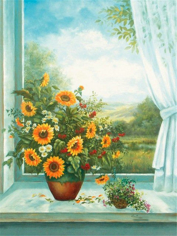 Girasoles en Maceta y Paisaje Natural Pintar por Números