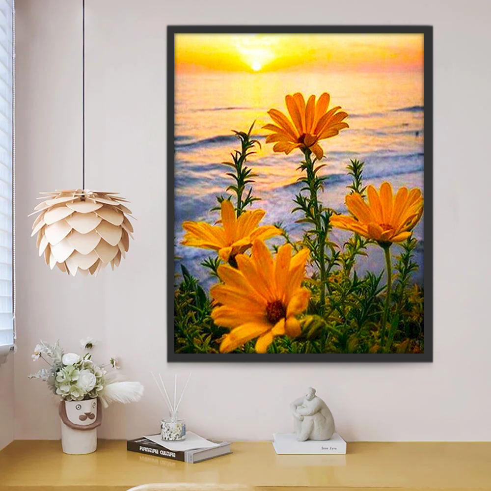 Girasoles Pequeños al Lado de Mar con el Sol Pintar por Números