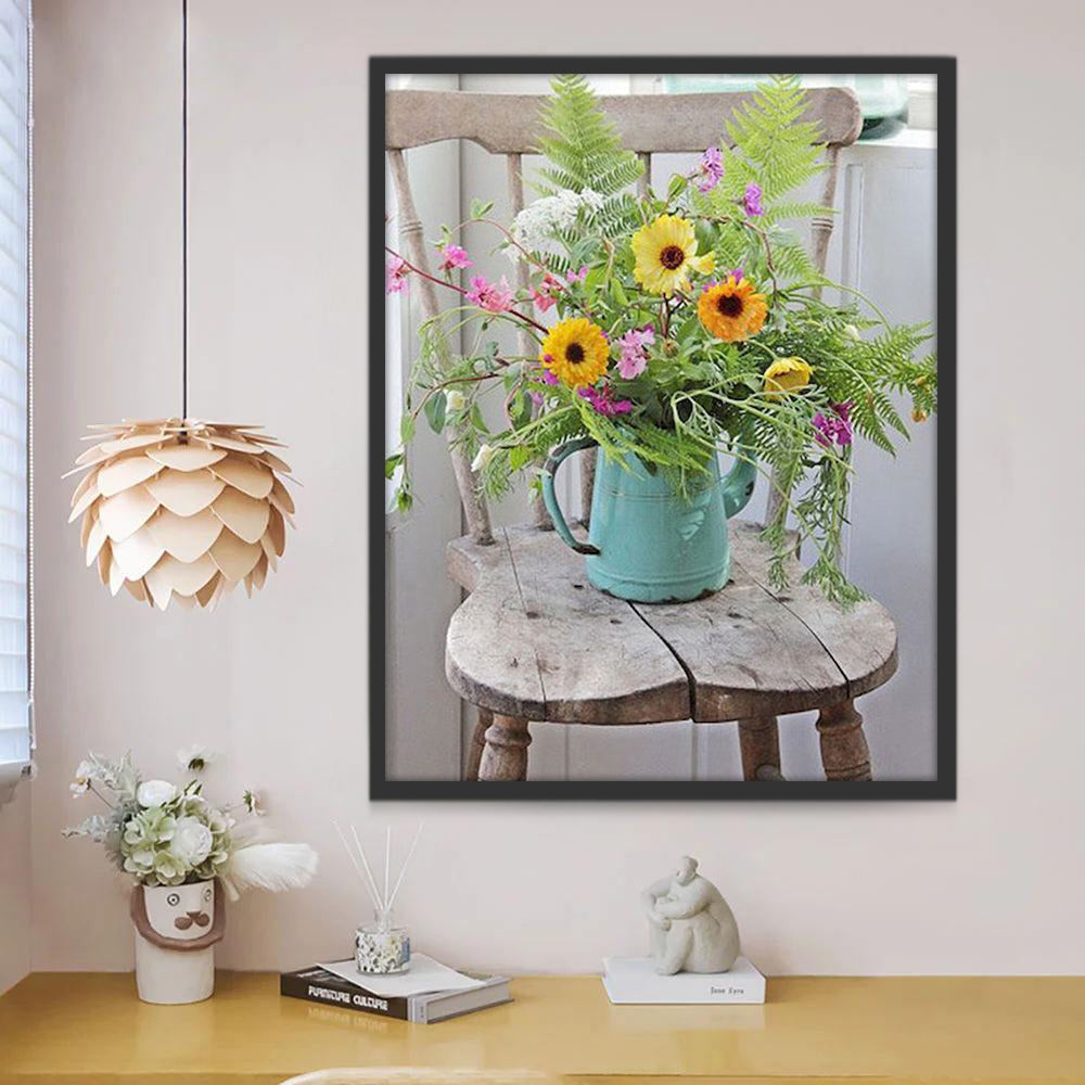 Girasoles Pequeños en Florero sobre Silla de Madera Pintar por Números