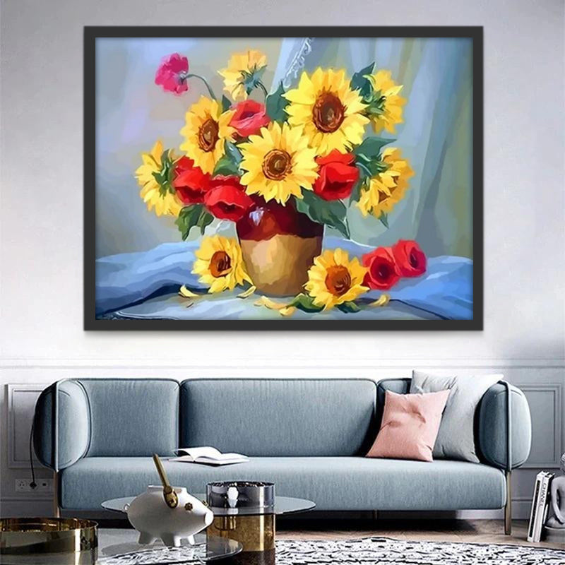 Girasoles y Amapolas en Florero con Fondo Azul Pintar por Números