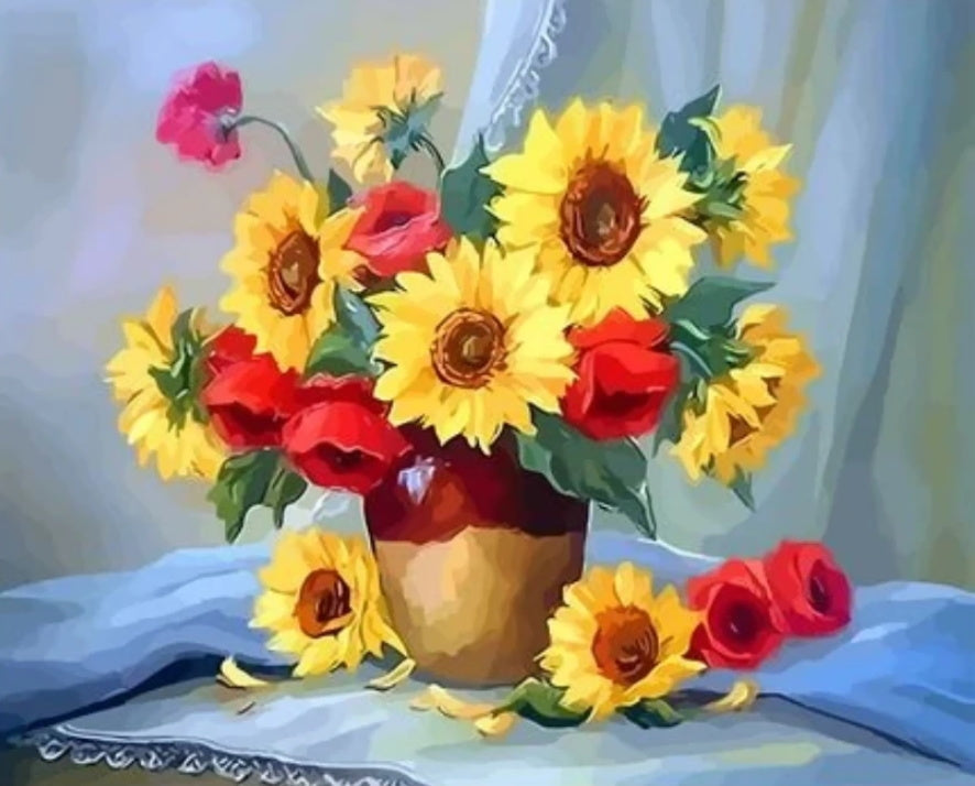 Girasoles y Amapolas en Florero con Fondo Azul Pintar por Números