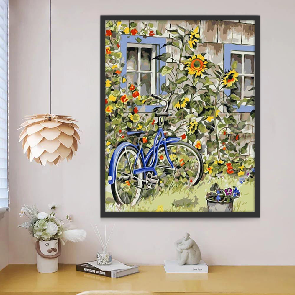 Girasoles y Bicicleta al Lado de Pared Pintar por Números