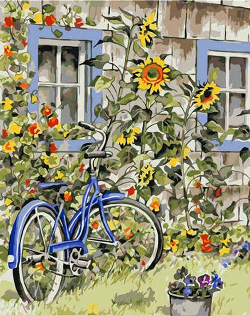 Girasoles y Bicicleta al Lado de Pared Pintar por Números