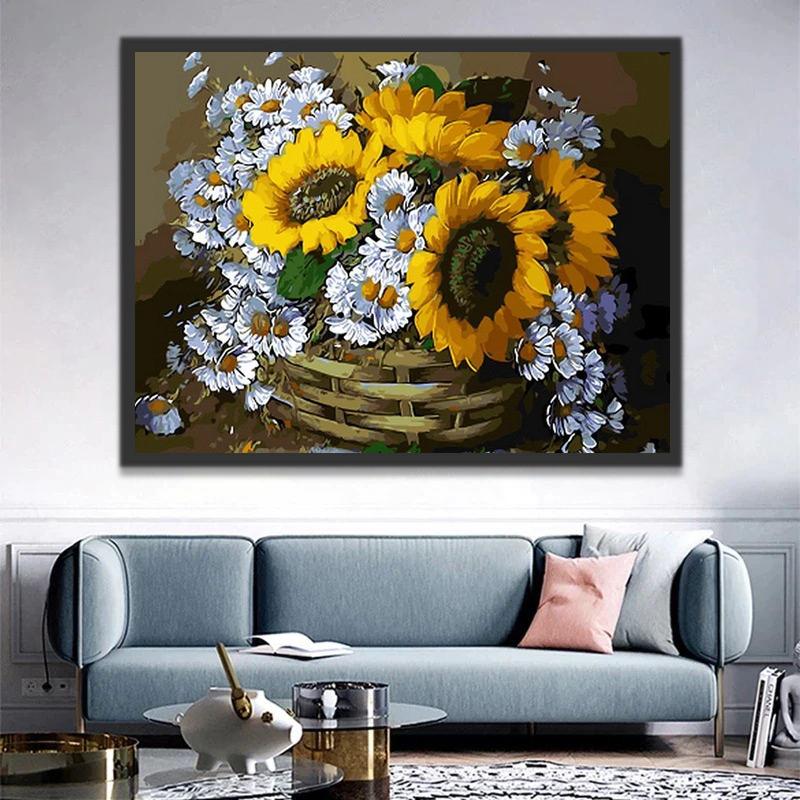 Girasoles y Camomilas en Cesta con Fondo Oscuro Pintar por Números