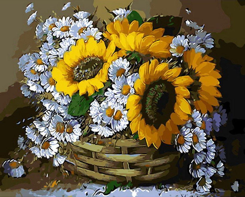 Girasoles y Camomilas en Cesta con Fondo Oscuro Pintar por Números