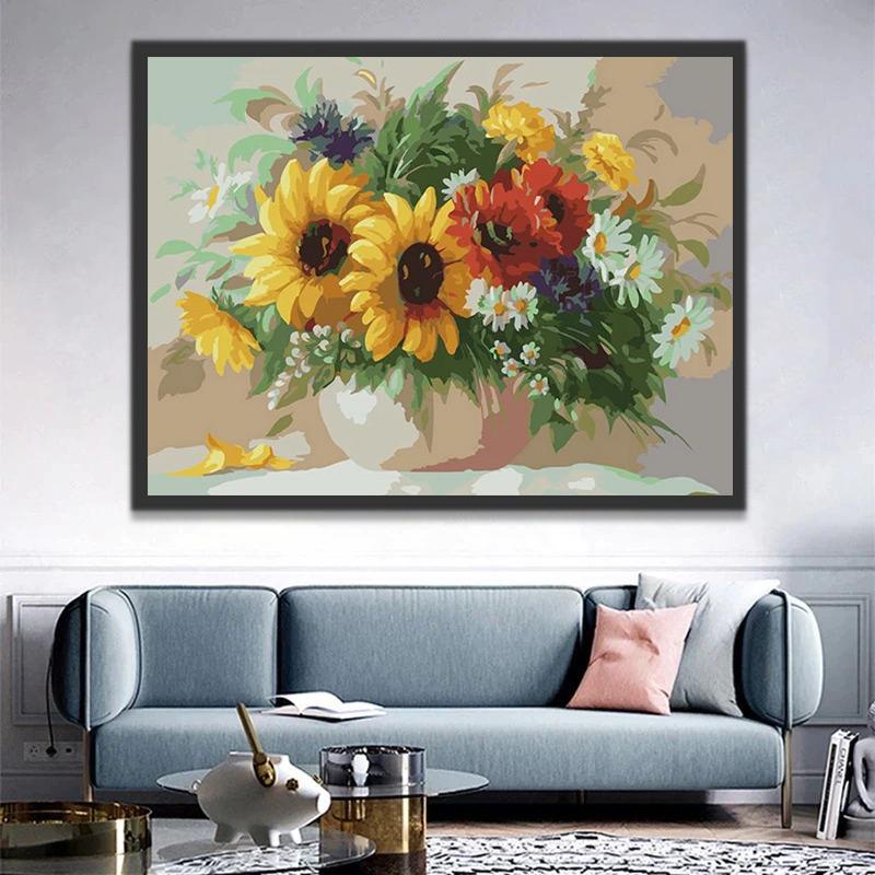 Girasoles y Camomilas en Florero con Fondo Claro Pintar por Números