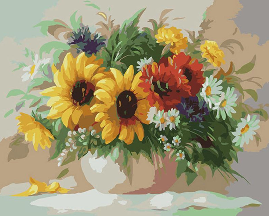 Girasoles y Camomilas en Florero con Fondo Claro Pintar por Números
