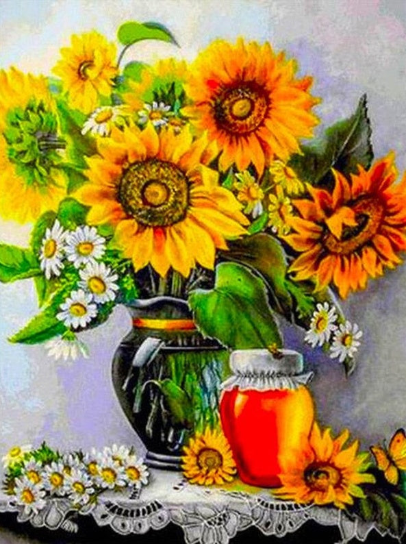 Girasoles y Camomilas en Florero de Cristal Pintar por Números