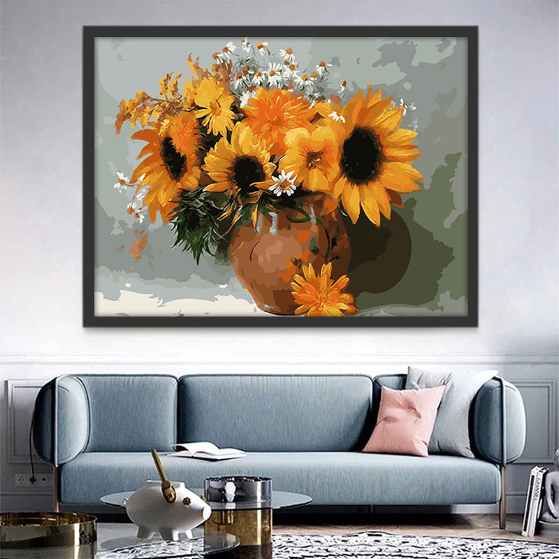Girasoles y Camomilas en Florero Marrón Pintar por Números