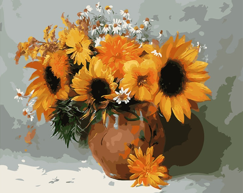 Girasoles y Camomilas en Florero Marrón Pintar por Números