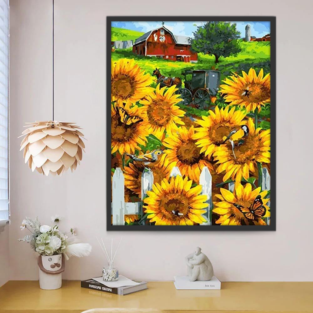 Girasoles y Carro de Caballos y Casa Roja a lo Lejos Pintar por Números
