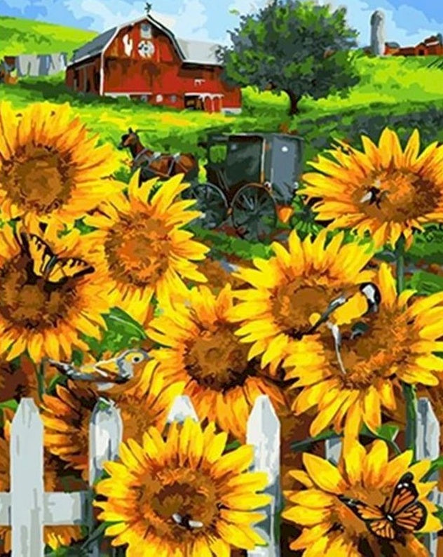 Girasoles y Carro de Caballos y Casa Roja a lo Lejos Pintar por Números