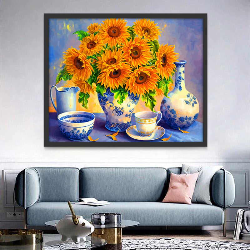 Girasoles y Floreros y Taza de Café y Tazón Pintar por Números
