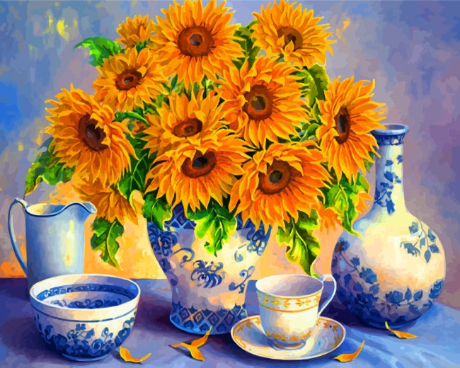 Girasoles y Floreros y Taza de Café y Tazón Pintar por Números