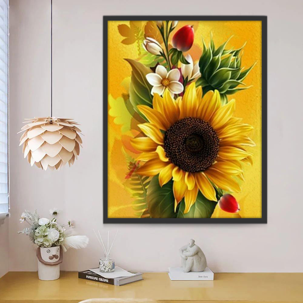 Girasoles y Flores Blancas en el Fondo Amarillo Pintar por Números