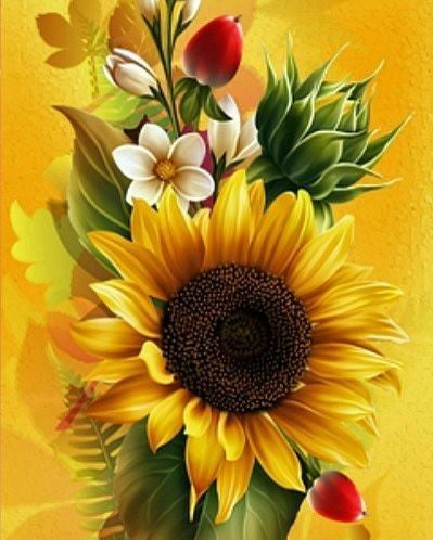 Girasoles y Flores Blancas en el Fondo Amarillo Pintar por Números